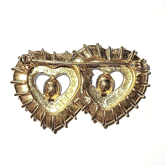 DOUBLE HEART RHINESTONE VINTAGE PIN BROOCH - Picture 2 of 6